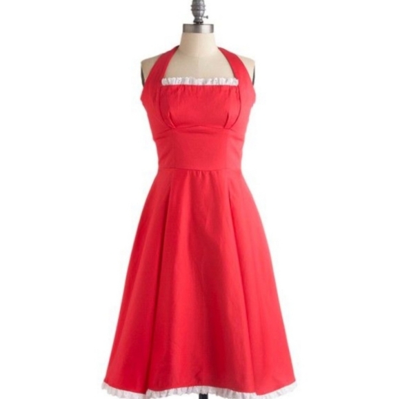 Pinup Girl Clothing by Laura Byrnes Ginger Halter Dress Coral XS - Picture 2 of 4